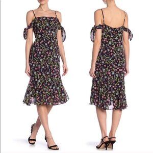 𝅺NANETTE Lepore Dress Black Floral Cold Shoulder Chiffon Paradise Dreaming